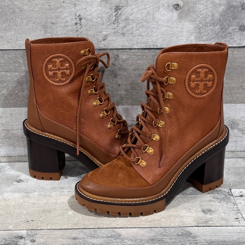 TORY BURCH MILLER MIXED-MATERIALS LUG SOLE BOOT - TOASTED CARAMEL - SZ - 7.5